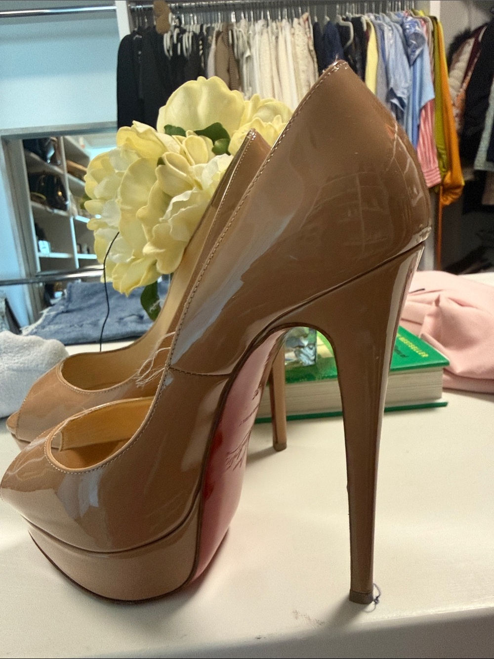 Christian Louboutin Nude Patent Peep-Toe Platform Pumps with Red Soles